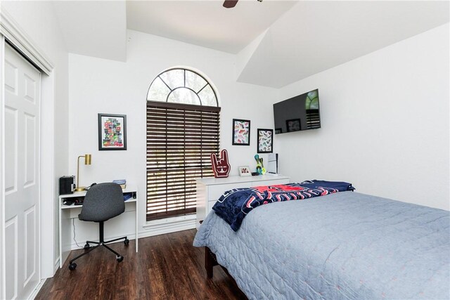 14605 Reagan Dr, Corpus Christi, TX 78410 - bedroom with wood finished floors, lofted ceiling, an office area, a ceiling fan, and a closet