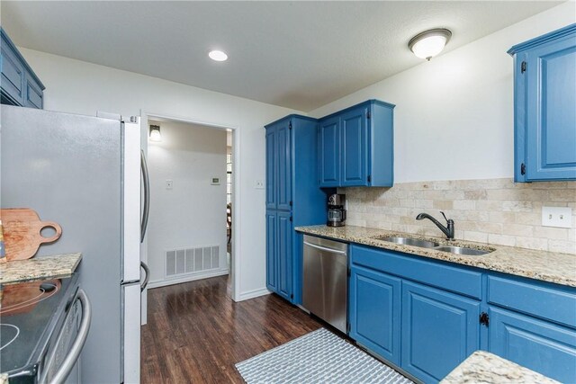 14605 Reagan Dr, Corpus Christi, TX 78410 - kitchen with a sink, stainless steel appliances, blue cabinetry, and dark wood-style floors