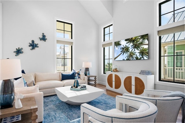 living room featuring high vaulted ceiling and wood finished floors