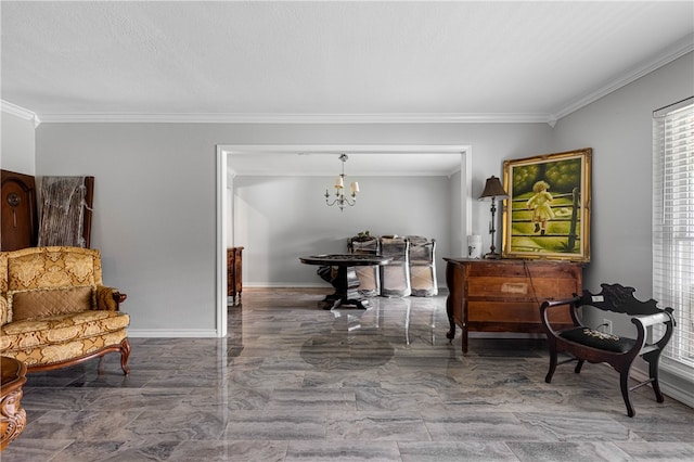 living area with crown molding and a notable chandelier