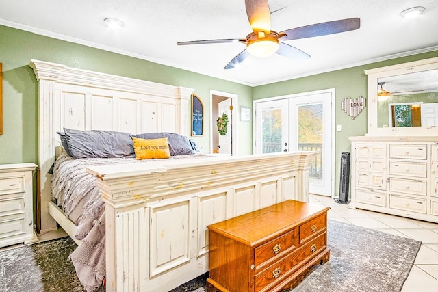 tiled bedroom with ornamental molding, french doors, ceiling fan, and access to outside