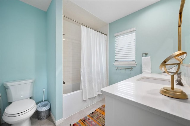 bathroom with tile patterned flooring, shower / tub combo with curtain, vanity, and toilet