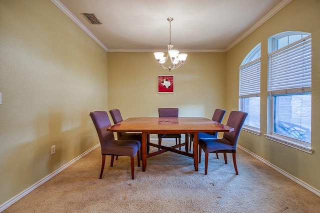 7009 Tocken Ct, Corpus Christi, TX 78414 - dining space with crown molding, a chandelier, and light colored carpet