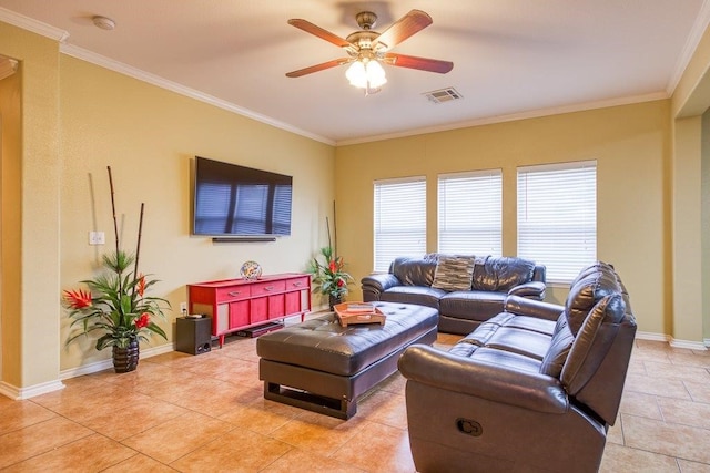 7009 Tocken Ct, Corpus Christi, TX 78414 - living area with ornamental molding, a ceiling fan, and light tile patterned floors