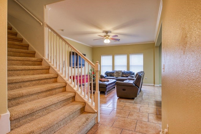 7009 Tocken Ct, Corpus Christi, TX 78414 - stairs featuring a ceiling fan and ornamental molding