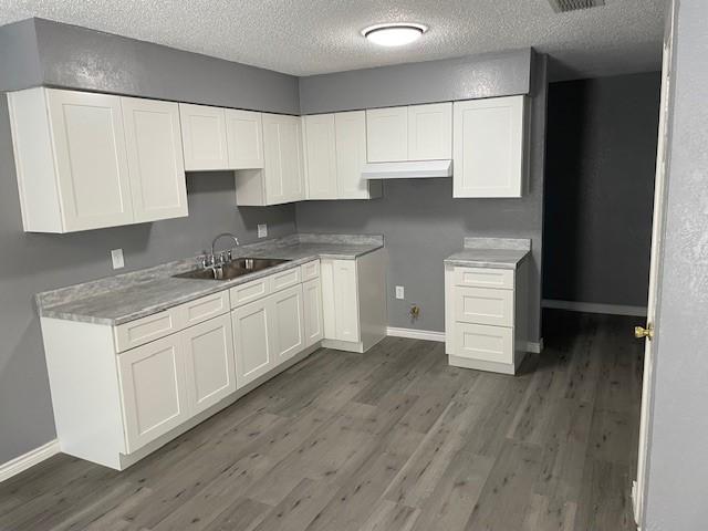 kitchen with baseboards, a sink, and wood finished floors