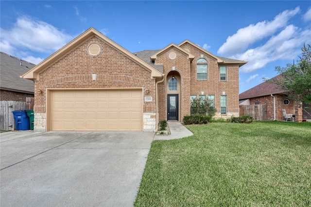 front facade with a garage and a front lawn