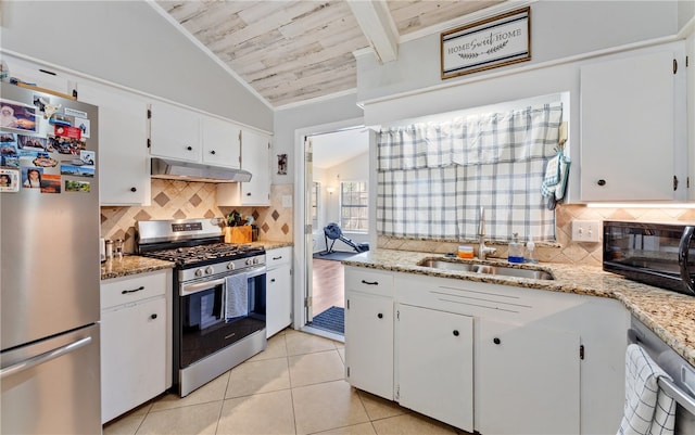 kitchen with lofted ceiling, wooden ceiling, under cabinet range hood, stainless steel appliances, and a sink