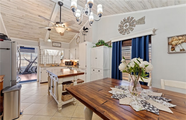 dining room featuring ceiling fan with notable chandelier, ornamental molding, light tile patterned flooring, and wood ceiling