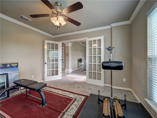 7509 Rancho Vis, Corpus Christi, TX 78414 - workout area with french doors, ornamental molding, baseboards, and carpet flooring