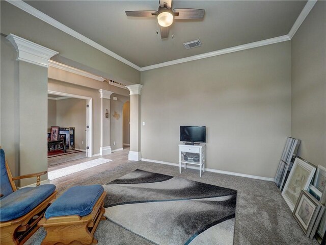 7509 Rancho Vis, Corpus Christi, TX 78414 - carpeted living room with visible vents, ornamental molding, decorative columns, ceiling fan, and arched walkways
