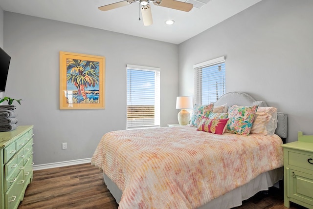 bedroom with dark wood-style floors, ceiling fan, baseboards, and recessed lighting