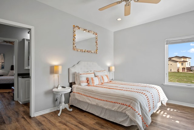 bedroom with recessed lighting, ceiling fan, baseboards, and wood finished floors