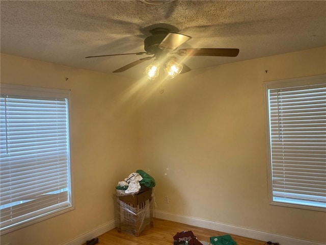 interior space featuring a wealth of natural light, a ceiling fan, a textured ceiling, light wood-type flooring, and baseboards