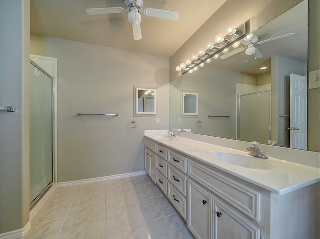 bathroom featuring vanity, tile patterned floors, ceiling fan, and walk in shower