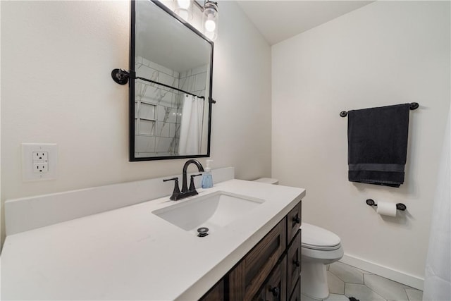 bathroom with vanity, curtained shower, tile patterned floors, and toilet