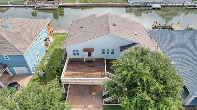 drone / aerial view featuring a water view