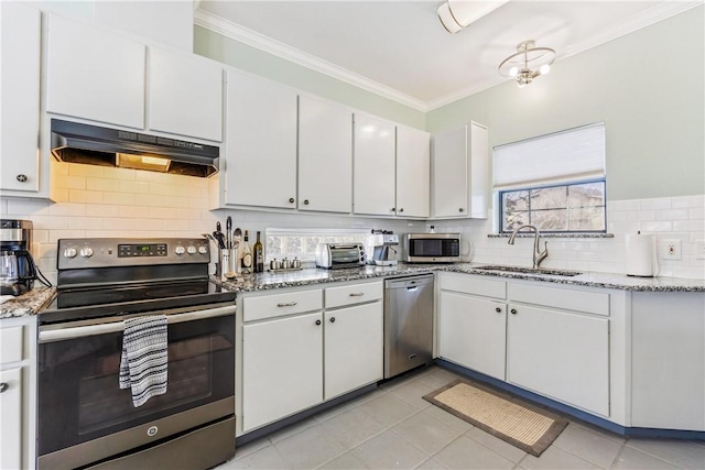 kitchen featuring under cabinet range hood, a sink, ornamental molding, appliances with stainless steel finishes, and tasteful backsplash