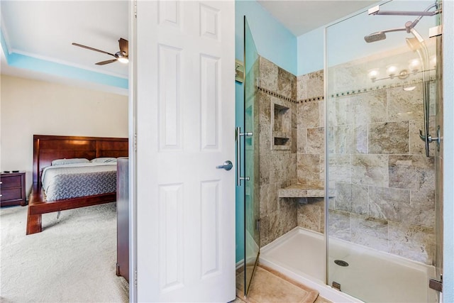 full bathroom with a stall shower, ensuite bath, and ceiling fan