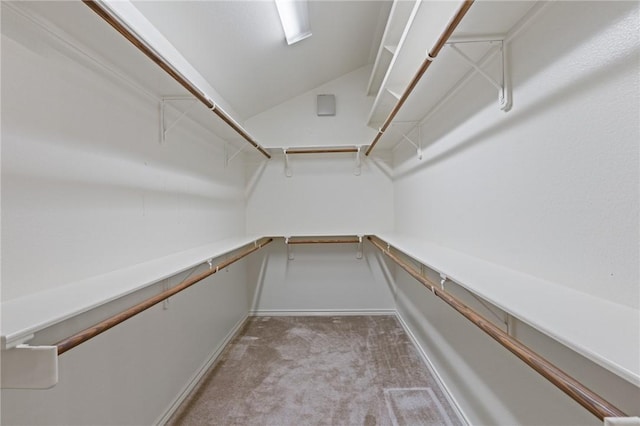 spacious closet featuring lofted ceiling and light colored carpet