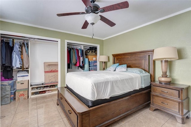 bedroom with ceiling fan, light tile patterned floors, and crown molding