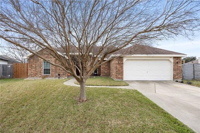 single story home with brick siding, fence, a garage, driveway, and a front lawn