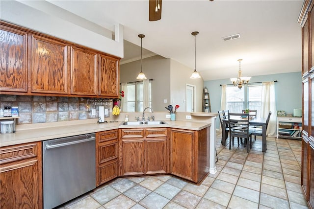 kitchen featuring brown cabinetry, light countertops, a sink, and stainless steel dishwasher