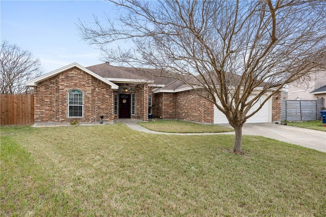 single story home featuring brick siding, a front lawn, an attached garage, and fence