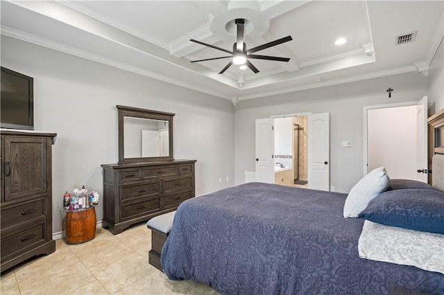3902 Elvis Dr, Corpus Christi, TX 78414 - bedroom with coffered ceiling, crown molding, beam ceiling, light tile patterned floors, and recessed lighting
