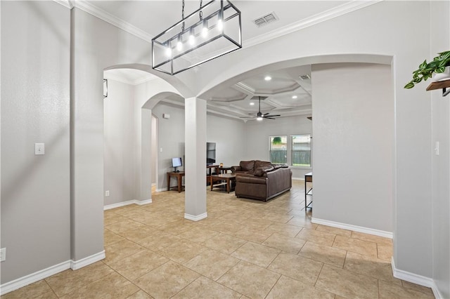 3902 Elvis Dr, Corpus Christi, TX 78414 - living room featuring coffered ceiling, a ceiling fan, ornamental molding, arched walkways, and recessed lighting