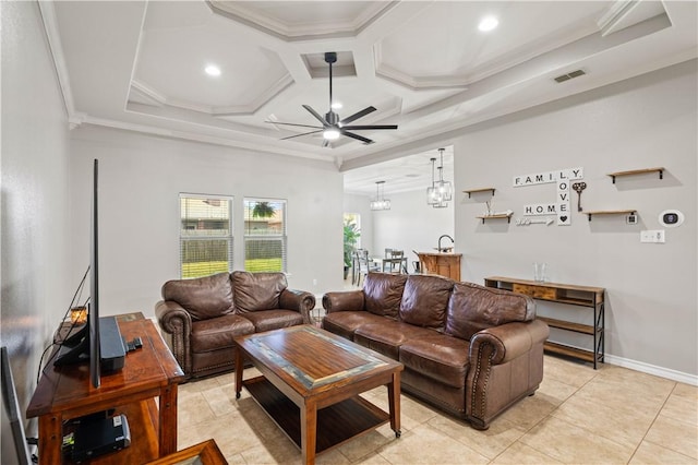 3902 Elvis Dr, Corpus Christi, TX 78414 - living room featuring a ceiling fan, coffered ceiling, ornamental molding, and baseboards