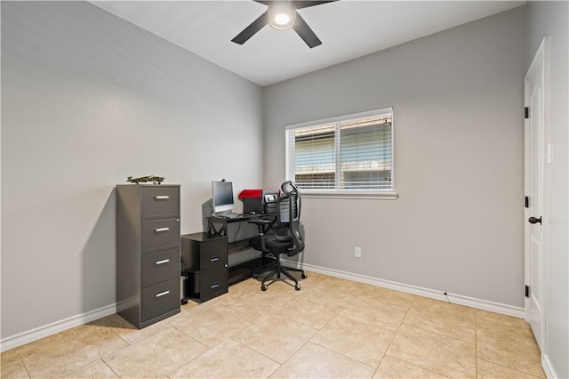 3902 Elvis Dr, Corpus Christi, TX 78414 - office featuring a ceiling fan, baseboards, and light tile patterned flooring