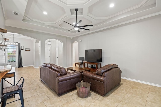 3902 Elvis Dr, Corpus Christi, TX 78414 - living room with arched walkways, a ceiling fan, coffered ceiling, ornamental molding, and baseboards