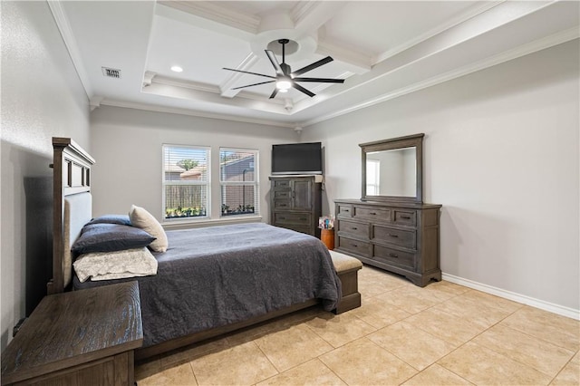 3902 Elvis Dr, Corpus Christi, TX 78414 - bedroom featuring coffered ceiling, light tile patterned flooring, crown molding, beamed ceiling, and baseboards
