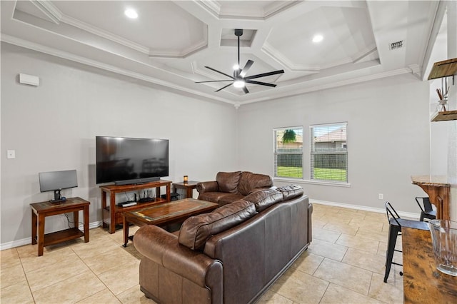 3902 Elvis Dr, Corpus Christi, TX 78414 - living area with a ceiling fan, crown molding, coffered ceiling, light tile patterned flooring, and recessed lighting