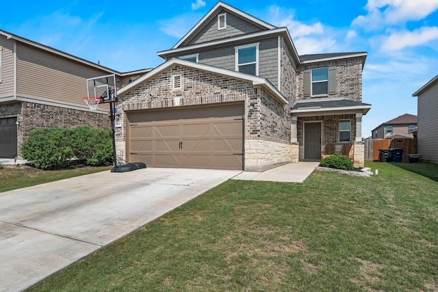 1947 Brandywine Dr, New Braunfels, TX 78132 - view of front of property with driveway, brick siding, stone siding, and an attached garage
