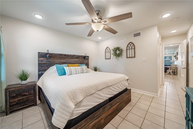 bedroom with light tile patterned floors, visible vents, a ceiling fan, and recessed lighting