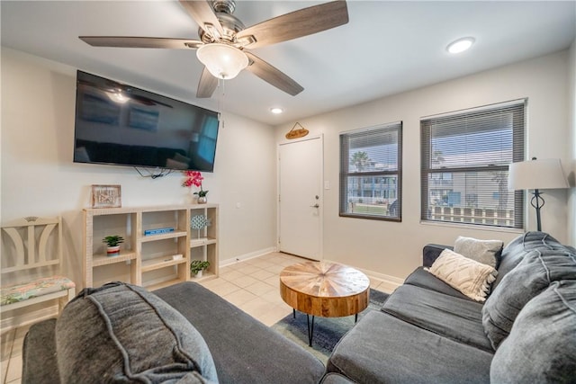 tiled living area with ceiling fan, baseboards, and recessed lighting