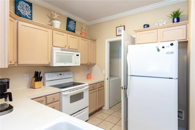 15102 Leeward Dr Unit 702, Corpus Christi, TX 78418 - kitchen featuring white appliances, washer / clothes dryer, light brown cabinets, ornamental molding, and light countertops