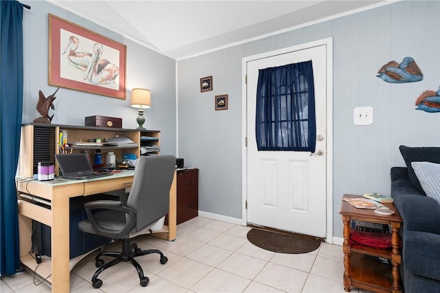 627 S Fuqua St, Rockport, TX 78382 - home office featuring vaulted ceiling and light tile patterned floors