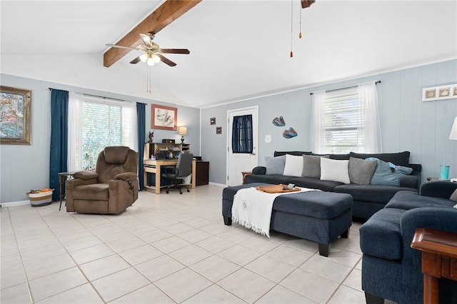 627 S Fuqua St, Rockport, TX 78382 - living room featuring ceiling fan, light tile patterned floors, a desk, and plenty of natural light