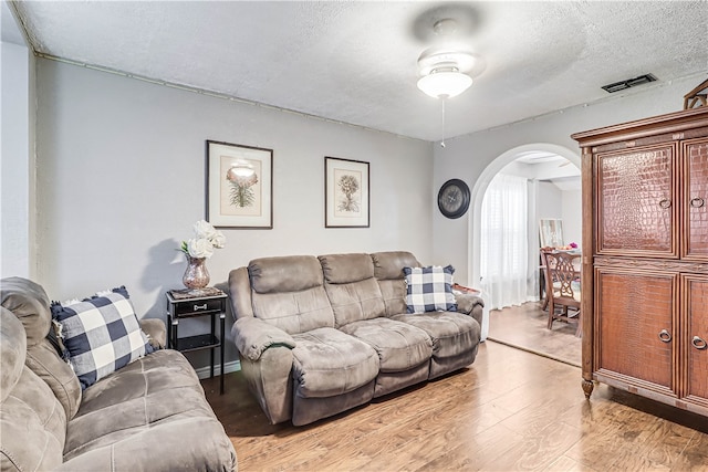 living room with a textured ceiling and light hardwood / wood-style flooring