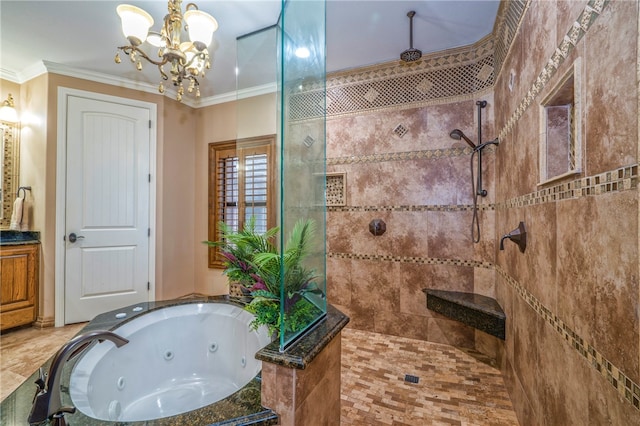 bathroom with crown molding, an inviting chandelier, and separate shower and tub