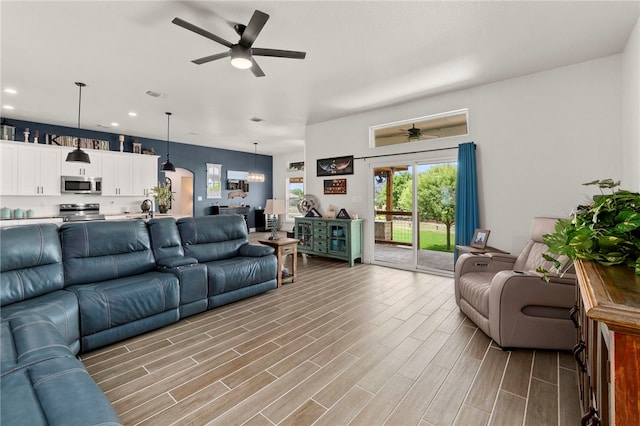 177 Glenvalley Cir, Bandera, TX 78003 - living area with light wood-style floors, visible vents, ceiling fan, and recessed lighting