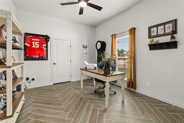 177 Glenvalley Cir, Bandera, TX 78003 - office area featuring a ceiling fan and baseboards