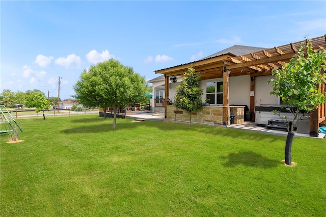 177 Glenvalley Cir, Bandera, TX 78003 - view of yard with a hot tub, a pergola, a patio area, and fence