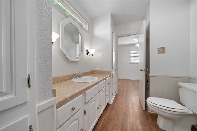 bathroom featuring toilet, vanity, and hardwood / wood-style flooring