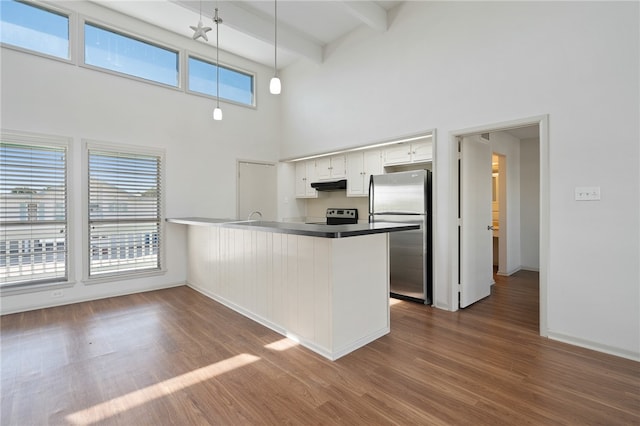 kitchen featuring white cabinetry, kitchen peninsula, appliances with stainless steel finishes, hanging light fixtures, and dark hardwood / wood-style flooring