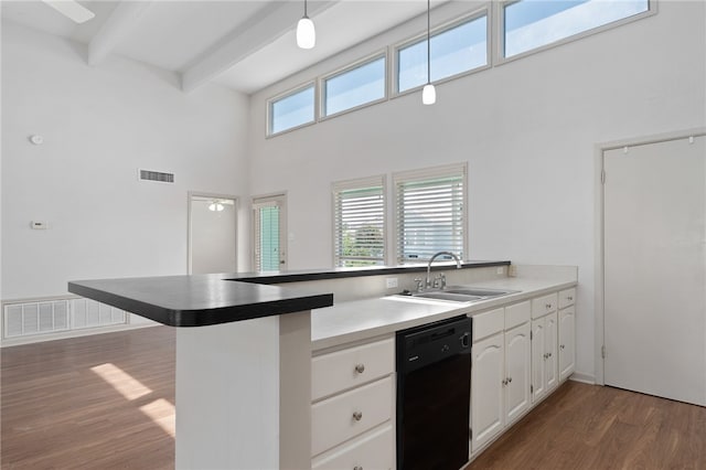 kitchen featuring black dishwasher, kitchen peninsula, a towering ceiling, white cabinets, and sink