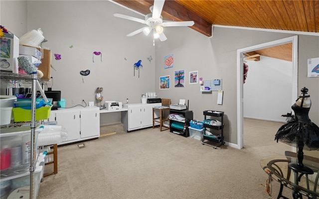 interior space with lofted ceiling, light carpet, ceiling fan, and wood ceiling